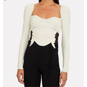 Self Portrait Lace Trimmed Rib Knit Irovy Top